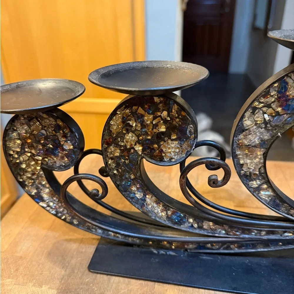 Vintage Pier 1 Elegant Black and Gold mosaic Glass tiles Peacock Candle Holder